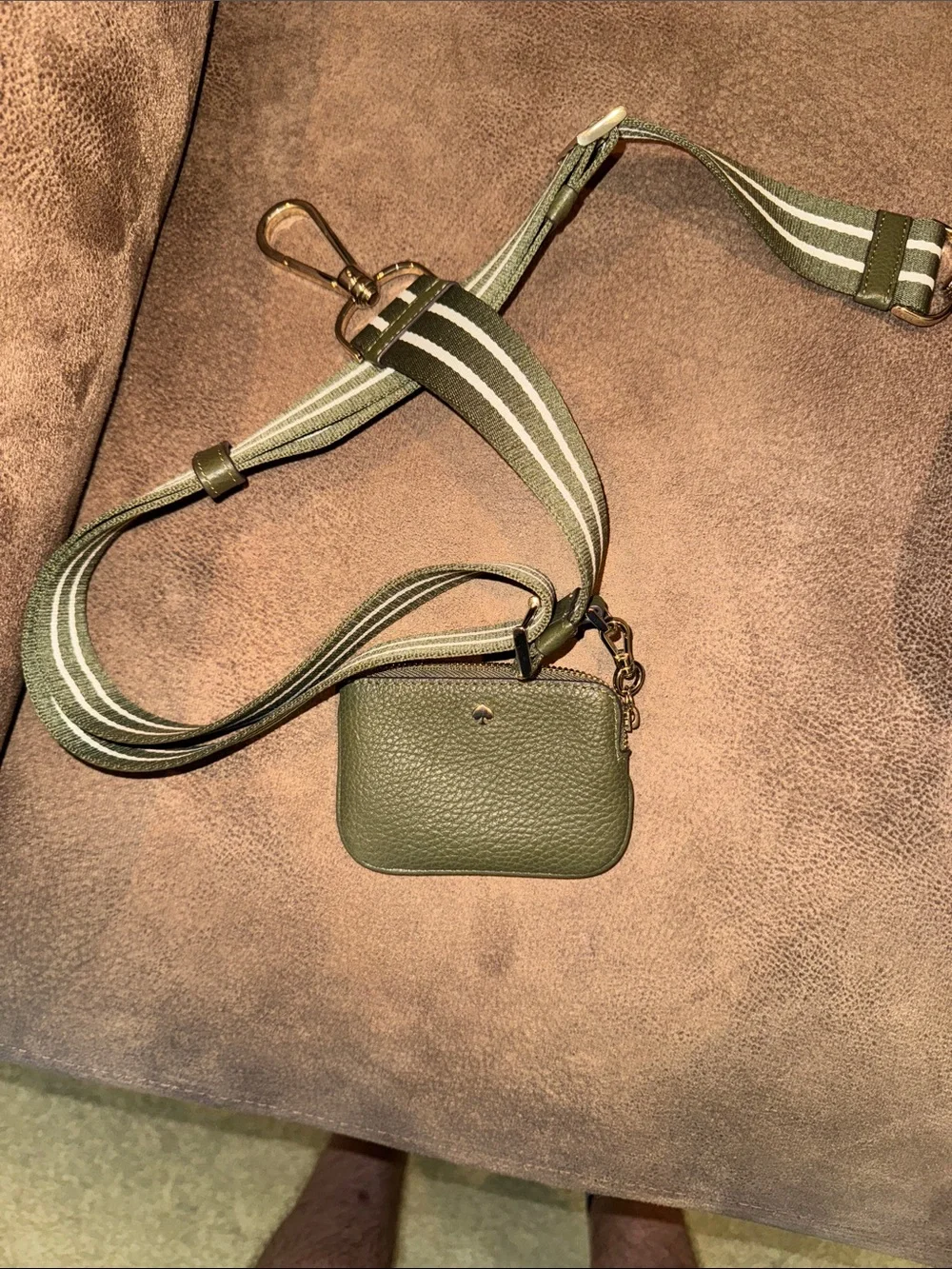 kate spade olive green pebbled leather shoulder bag with striped web strap